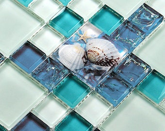 Beach House Style Bathroom Backsplash Tile Blue and White Crackle Glass with Resin & Pearl Shell Mosaic Wall Tiles