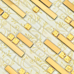 Luxury Gold Glass Metal Linear Mosaic Tile Glossy Wall Backsplash with Metallic Accent Sparkle Decorative Bathroom Tiles