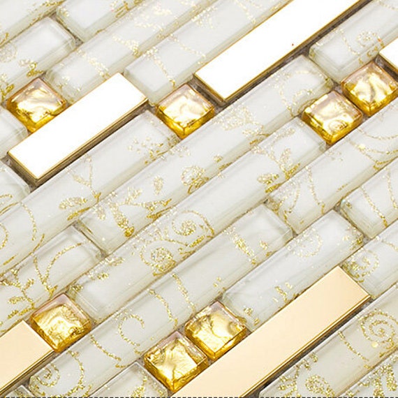 Glass and Metal Linear Mosaic Wall Tiles White & Gold Bling Etsy