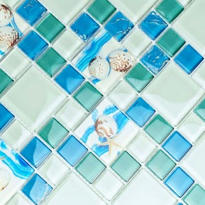 Ocean Breeze Glass Mosaic Tile Blue & Green Beach Theme with Seashell Accent Kitchen Backsplash, Bathroom Wall, and Pool Decor