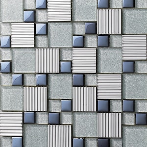 Glass Backsplash Tile with Linear Metal Mosaic #633 Silver Stainless Steel Bathroom Wall Tiles