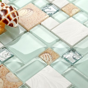 Coastal Seashell Glass Mosaic Tile Beach Style Wall Backsplash, Aqua White & Sand Mixed Tiles for Kitchen, Bathroom, Fireplace, Accent Walls