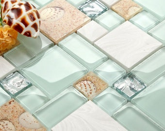 Beach Style Backsplash Tile Green Lake Glass Mixed Stone Mosaic Wall Tiles #NB02 Acrylic with Mother of Pearl Shells