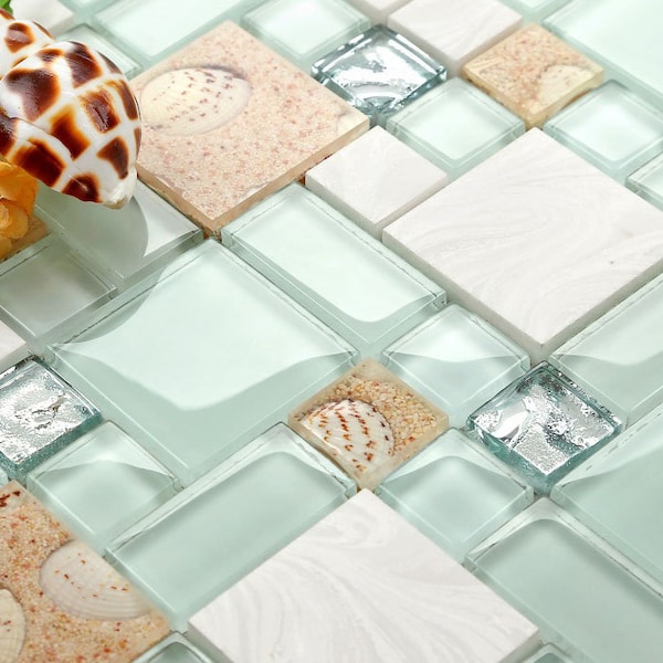 Beach Style Backsplash Tile Green Lake Glass Mixed Stone Mosaic Wall Tiles Acrylic with Mother of Pearl Shells