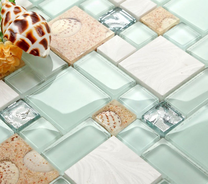 Beach Style Backsplash Tile Green Lake Glass Mixed Stone Mosaic Wall Tiles Acrylic with Mother of Pearl Shells image 1