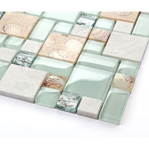 Beach Style Backsplash Tile Green Lake Glass Mixed Stone Mosaic Wall Tiles Acrylic with Mother of Pearl Shells image 3