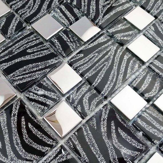 Glass Backsplash Tile Black & Silver Metallic Mosaic Wall Tiles TC044 Small  Kitchen and Bathroom Decor Tile 