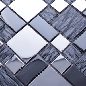 Black and Silver Glass Mosaic Tiles N137-11.7&quot;x11.7&quot; Per Sheet, Metallic Glass Backsplash Tile for Kitchens, Bathrooms and Accent Walls