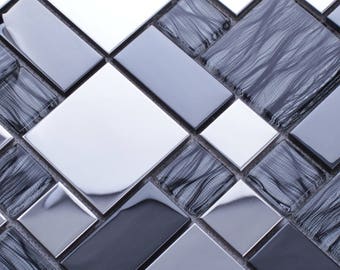 Schwarz und Silber Glasmosaik-Fliesen-Blatt, metallischer Backsplash