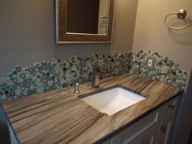 Porcelain Pebble Tile in Blue Cream and Coffee Kitchen Backsplash Heart-Shaped Ceramic Mosaic Bathroom Floor & Wall Tiles image 4