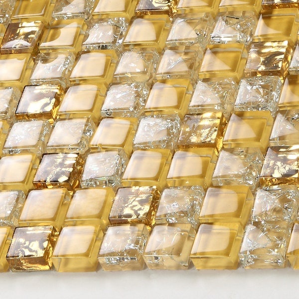 Gold Glass Mosaic Tiles, L309-12"x12" Per Sheet, Crackle Glass Backsplash Tile with Bling, Kitchen and Bathroom and Accent Wall Tiles