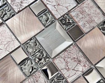 Azulejo de mosaico de vidrio y metal con revestimiento de aluminio cepillado para cocina, baño o chimenea.