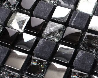 Glass Stone Tile Black Backsplash Wall Decor Bling Crystal Rhinestone Square Mosaic