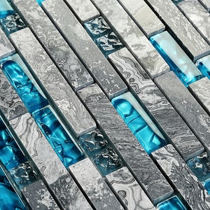 Glossy Stone Mixed Glass Backsplash Tile Gray and Aqua Kitchen and Bathroom Modern Linear Mosaic Wall Tiles image 4