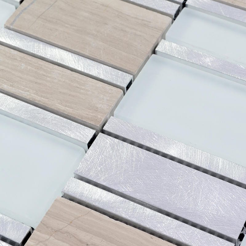 Crystal White Glass Mosaic Tile Backsplash SSMT104 Silver Stainless Steel  Metal Aluminum Mosaic Kitchen Bathroom Glass Wall Tile 