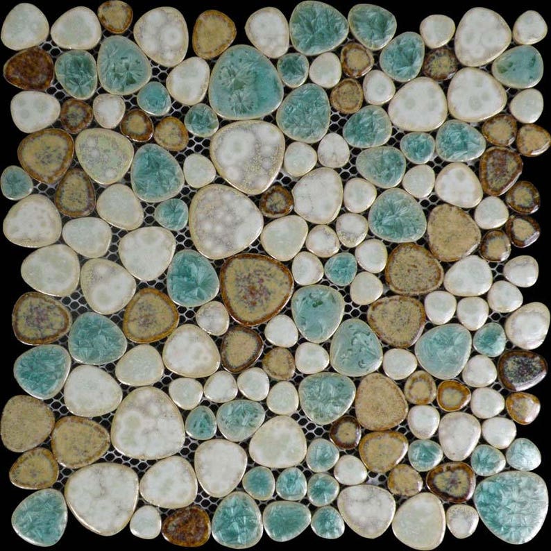 Porcelain Pebble Tile in Blue Cream and Coffee Kitchen Backsplash Heart-Shaped Ceramic Mosaic Bathroom Floor & Wall Tiles 11 Sheets