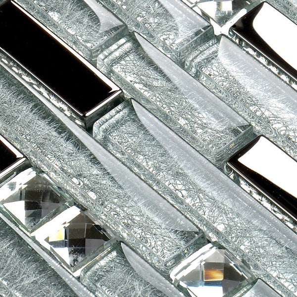 Silver Glass Linear Backsplash Tile with Rhinestone Mosaic Bling Metallic Chrome Kitchen and Bathroom Wall Tiles