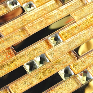 Glass Metal Tile Linear Mosaic Wall Accent Tiles Kitchen Backsplash 10101 Gold Stainless Steel with Rhinestone Interlocking Decor Tile