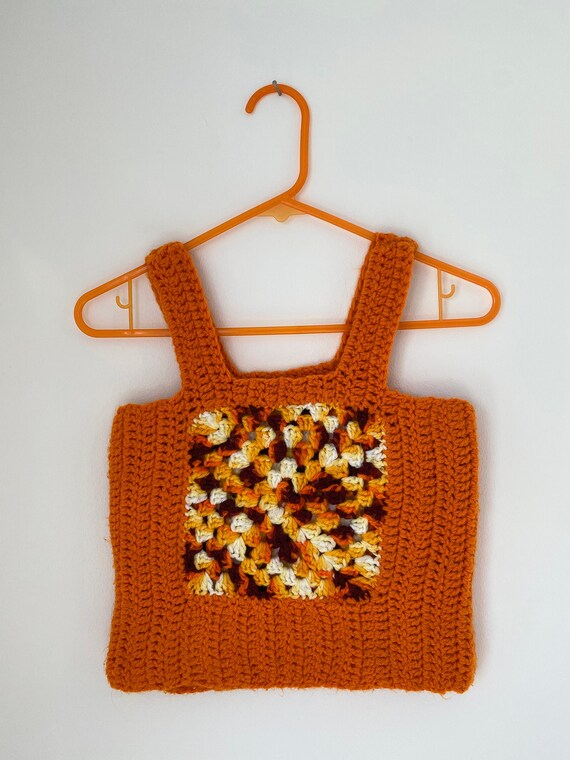 Amazing 1970s Orange Crochet Knit Vest/Tank Top Ha
