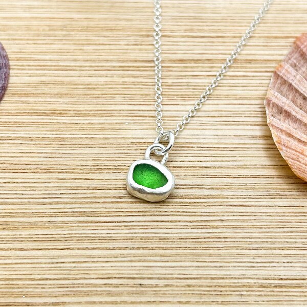 Tiny Green Sea Glass Sterling Silver Pendent | Recycled Necklace | Isle of Wight