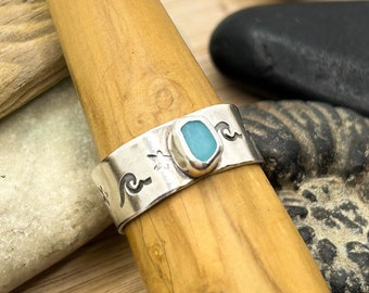 Blue Sea Glass Sterling Silver Ring | Chunky Ring | HandmadeThumb Ring | Size Q1/2