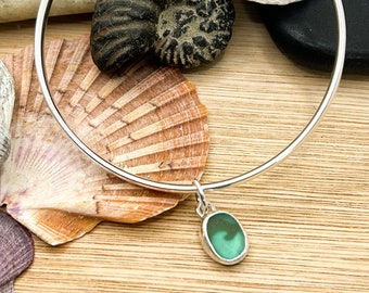 Wave Silhouette Sea Glass Charm Bangle | Sterling Silver | Handmade