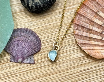 Tiny 9ct Gold & Sterling Silver Blue Sea Glass Pendant | Gold Filled 16” Chain Included