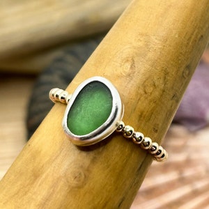 Sea Glass 14ct Beaded Filled Gold Ring | Isle Wight Sea Glass | Size R | Mixed Metal