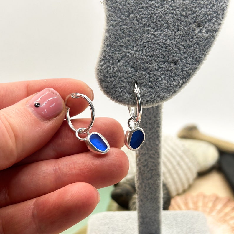 Blue Sea Glass Hoop Earrings Handmade Sterling Silver image 5