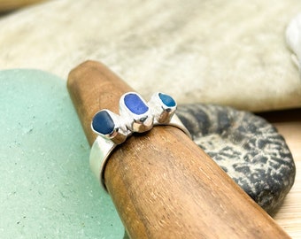 Blue Sea Glass Trio & Sterling Silver Ring | HandmadeThumb Ring | Size O 1/2