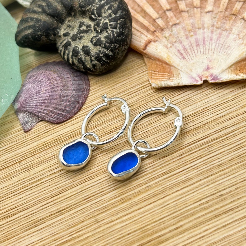 Blue Sea Glass Hoop Earrings Handmade Sterling Silver image 1