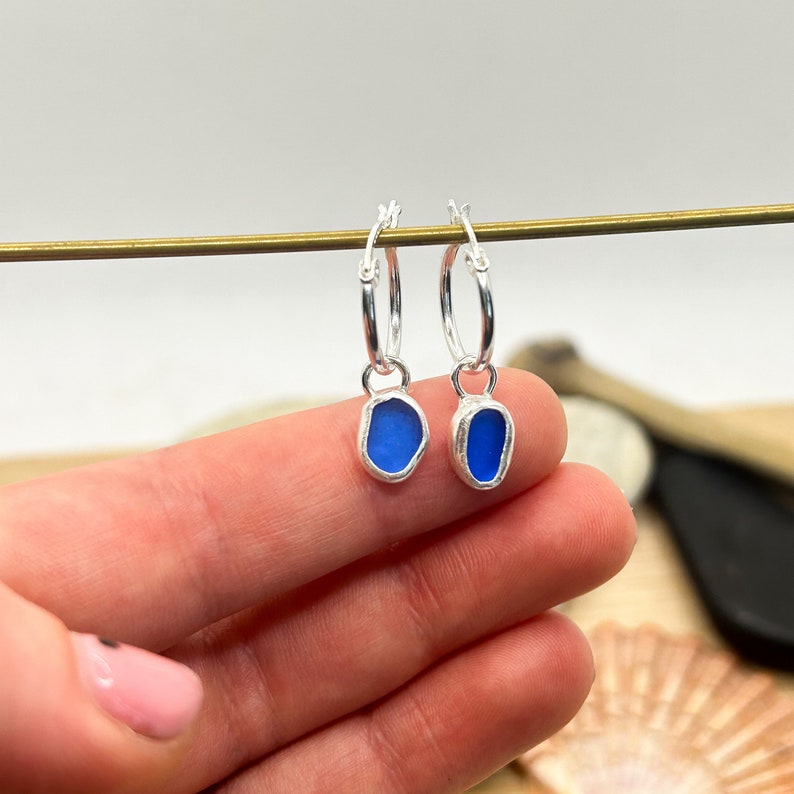 Blue Sea Glass Hoop Earrings Handmade Sterling Silver image 7