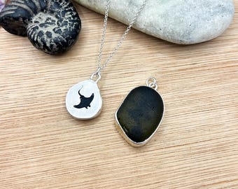 Pirate Glass Manta Ray Silhouette Pendent | Sterling Silver | Handmade |