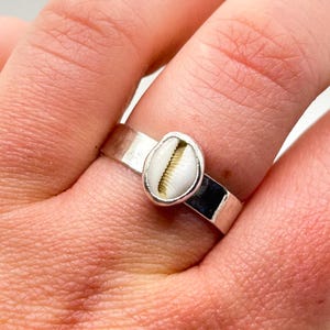 Può includere: Anello in argento con una conchiglia di ciprea. Il guscio ovale presenta un motivo bianco e beige, incastonato in una fascia d'argento. L'anello ha un design semplice ed elegante.
