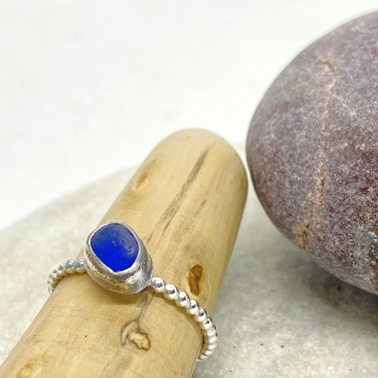 Blue Sea Glass & Silver Beaded Ring Handmade Isle of Wight Etsy