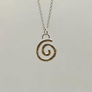 May include: Silver-toned pendant necklace featuring a hammered spiral design. The pendant hangs from a delicate chain. The spiral is a symbol of growth and evolution. The necklace is a simple, elegant piece of jewelry.