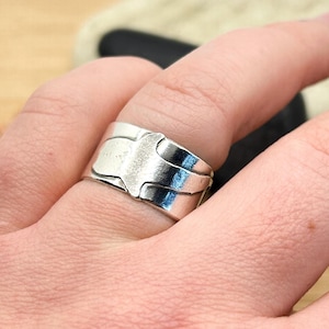 Könnte beinhalten: Ein silberner Ring mit einem einzigartigen, geschichteten Design. Der Ring weist eine Reihe von miteinander verbundenen, gebogenen Formen auf, die eine kühne und moderne Ästhetik erzeugen. Das polierte Metall reflektiert das Licht und hebt die komplizierten Details des Rings hervor. Ein auffälliges Schmuckstück.