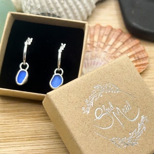Blue Sea Glass Hoop Earrings Handmade Sterling Silver image 3