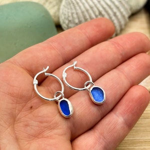 Blue Sea Glass Hoop Earrings Handmade Sterling Silver image 4