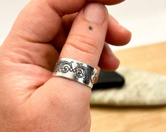 Handmade Sterling Silver Engraved Ring, Recycled Silver, UK Size U