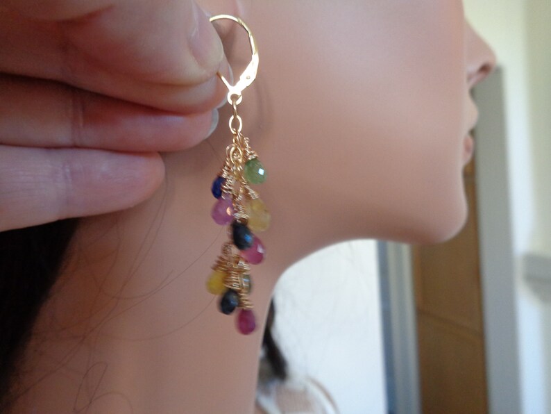 Rainbow Sapphire Earrings,Gold Earrings Multi-Color Gemstone Earrings Gift For Her September Birthstone Dainty Earrings