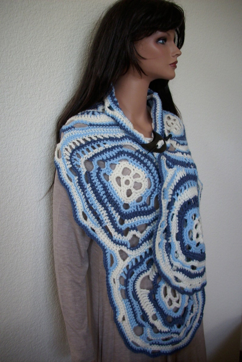 Blue White freeform shawl gypsy poncho art to wear boho cape free style shawl ooak long shawl crochet large long rectangle shawl
