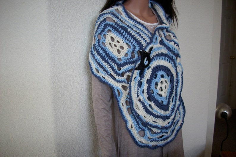 Blue White freeform shawl gypsy poncho art to wear boho cape free style shawl ooak long shawl crochet large long rectangle shawl