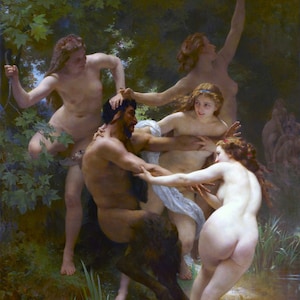 Ninfe e satiro pittura di William-Adolpe Bouguereau Riproduzione