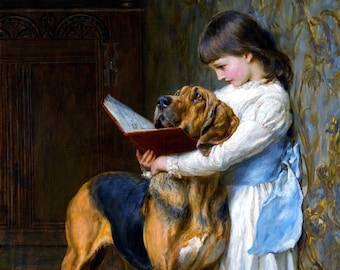 Girl With Dog Reading vintage art by Briton Riviere Vintage art
