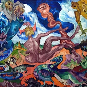 May include: A colorful abstract painting with a variety of figures and creatures. The painting features a central figure with a long, flowing body, surrounded by other figures with distorted features. The painting is done in a vibrant palette of blues, greens, yellows, and reds.