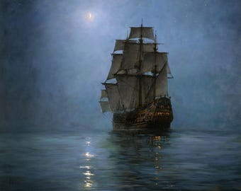 May include: A large sailing ship with multiple masts and white sails navigates dark blue waters under a night sky. A crescent moon glows above, casting a soft reflection on the rippling sea surface, while warm golden light emanates from the ship's stern.