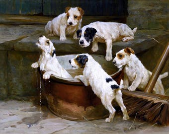 Cachorros de Fox Terrier del alambre el primer baño de pintura por la reproducción de impresión de arte de Arthur Wardle
