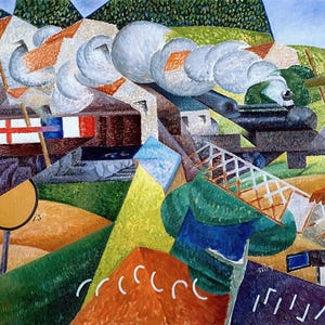 Peut inclure: Une peinture cubiste représentant un train avec de la fumée qui s'échappe du moteur. Le train est à l'arrière-plan, avec une variété de formes géométriques et de couleurs au premier plan. La peinture est réalisée dans un style qui rappelle le cubisme du début du XXe siècle.