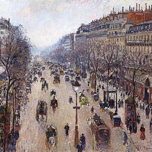 Boulevard Montmartre, Morning, Cloudy Weather, Paris Painting by Camille Pissaro Reproduction